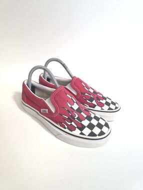 Vans Flame Checkerboard Canvas Slip On Shoes Unisex Red Black Men Size 4